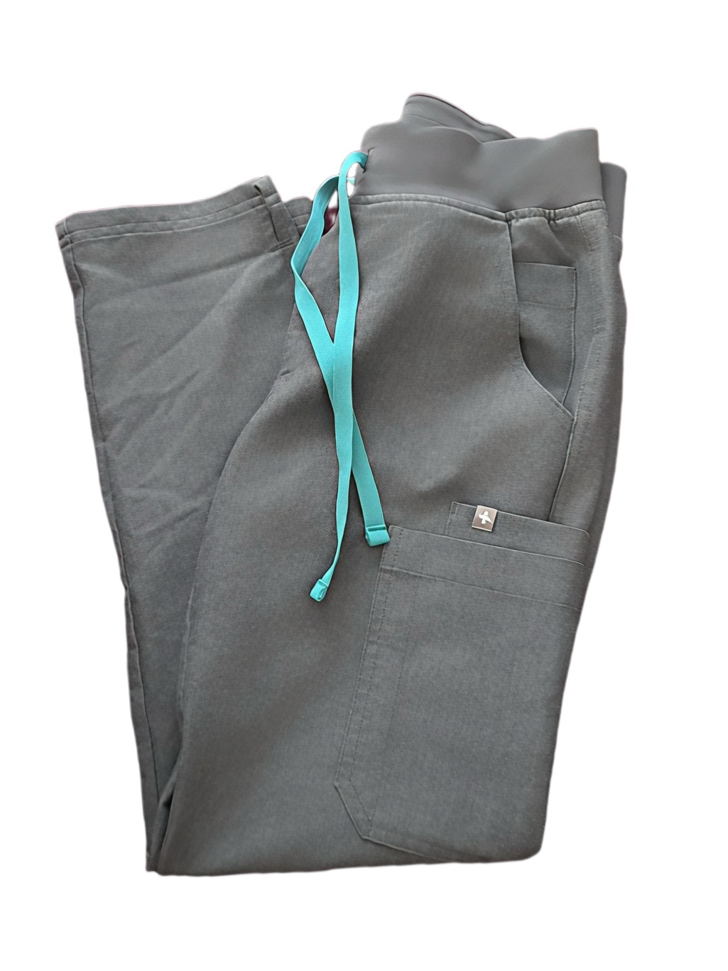 Figs Gray Pants With Teal Drawstring